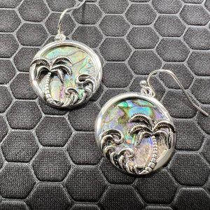 Palm Tree and Small Wave Earrings with Green Abalone Stones Made of Sterling Sil